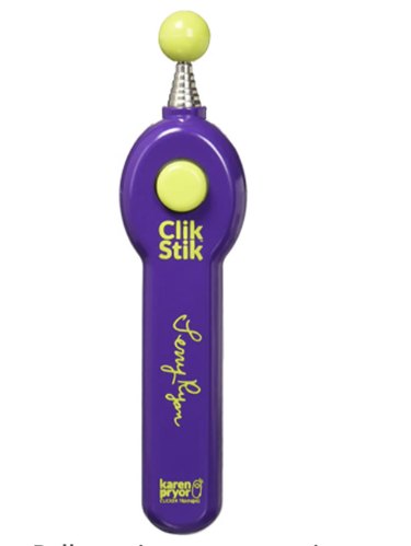 Karen Pryor Clicker Training Terry Ryan Clik Stik. The handle is purple and the clicker button and pointer ball are lime green. It says 'Click Stick' and has Terry Ryan's signatrue on it.