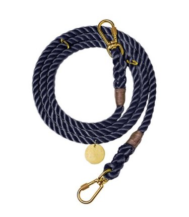 Found My Animal Adjustable Rope Dog Leash in navy blue with brass hardware