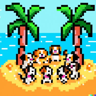 pixel art of a group of dogs gathered in a circle on a beach next to two palm trees