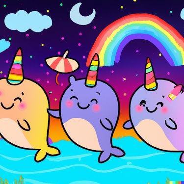 cartoon art of three narwhals partying with an ocean and space background with rainbows and water