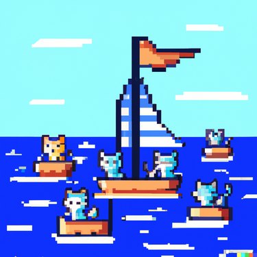 pixel art of several kittens on separate sailboats in the ocean
