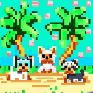 pixel art of three yorkie dogs on the beach next to two palm trees