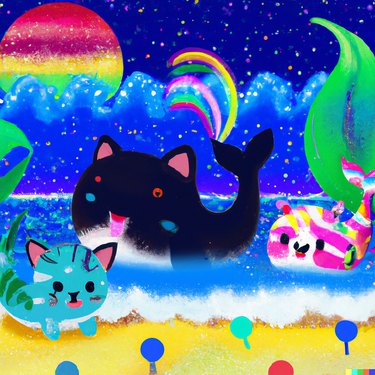 digital art of three cute whales in the ocean that also bear a resemblance to kittens because they have pointy ears