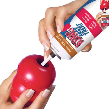 Hands hold onto a red kong rubber toy, and sprays a can of Kong Fast Treat.