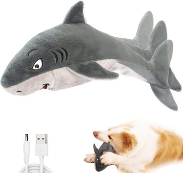 a large dog chews on a shark toy, A bigger image of the toy is above.