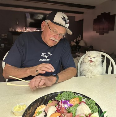 A white cat is sitting next to a man who is about to have sushi.