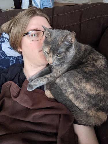 cat sleeps on woman's face