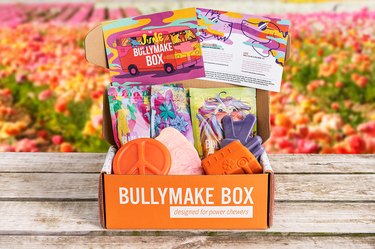 Peace & Chew-themed Bullymake box with toys and treats against a floral background.