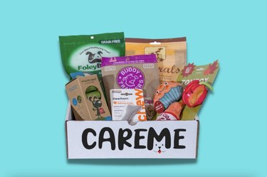 Example of a CareMebox with treats, toys, and dog supplies against a blue background.
