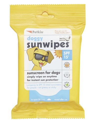 Petkin SPF 15 Doggy Sun Wipes in a yellow resealable package that looks similar to baby wipes. The package of wipes is pictured against a white background.