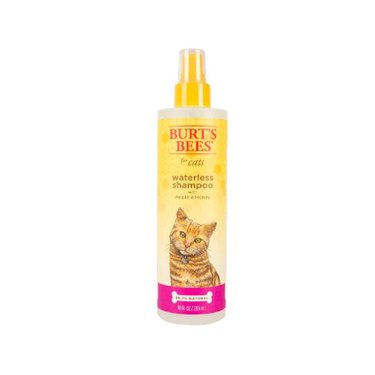A bottle of Burt's Bees for Cats Natural Waterless Shampoo with Apple and Honey in the 10-ounce size. It's pictured against a white background.
