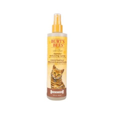 Burt's Bees Natural Pet Care for Cats Dander Reducing Spray against a white background. The bottle is yellow with the image of a cat on it.