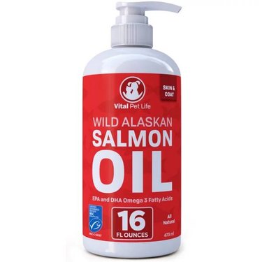A 16-ounce pump bottle of Vital Pet Life Salmon Oil for Dogs and Cats against a white background.