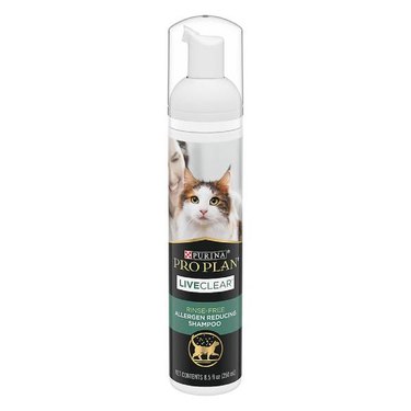A bottle of Pro Plan LIVECLEAR Rinse-Free Allergen Reducing Cat Shampoo against a white background. It has a pump design and a plastic cap.