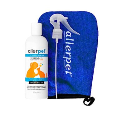 Bottle of Allerpet Cat Dander Remover with a blue mitt and a sprayer head against a white background.