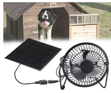 A dog in an outdoor dog kennel photoshopped next to a small black fan with a wire cage hooked up to a small square solar panel.