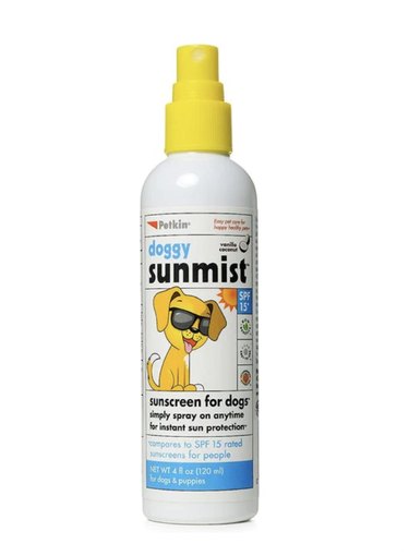 Four-ounce bottle of Petkin SPF 15 Doggy Sun Mist against a white background. It has a spray nozzle and the cartoon dog on the packaging is wearing sunglasses.