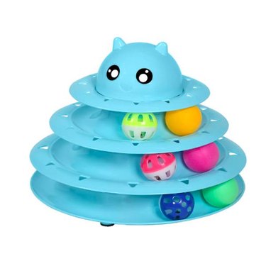 A blue UPSKY Cat Toy Roller 3-Level Turntable with multi-colored ball toys on each of the levels