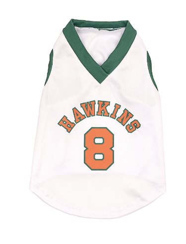 Stranger Things basketball jersey for dogs. The jersey is white and sleeveless, has dark green trim, and orange letters/numbers lined in dark green. It's pictured against a white background.