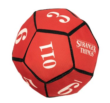 "Stranger Things" plush dice toy that's shaped like a soccer ball and has numbers and the "Stranger Things" logo printed on it. The ball is pictured against a white background.