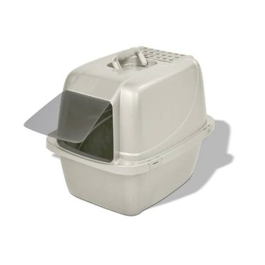 A solid white Van Ness Pets Odor Control Large Enclosed Cat Litter Box with a handle and a clear hinged door that's opened.