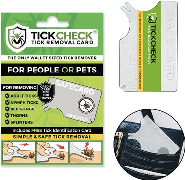 Tick removal card (same size as credit card) pictured next to the packaging, photo instructions, and an example of how it can easily fit into a wallet.