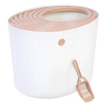 A pink and white IRIS Top Entry Cat Litter Box with  a grated lid and a pink litter scoop