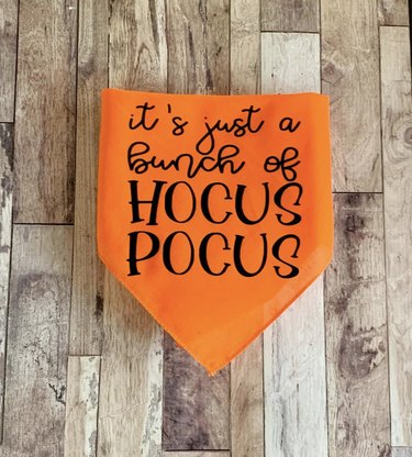 Orange triangular dog bandana with the words "It's just a bunch of HOCUS POCUS" written on it.