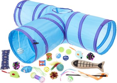 Variety pack cat toy set with blue and purple cat tunnel. The tunnel has three enterances and a center hole at the top that cats can peek through.