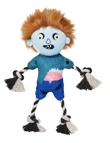 Halloween zombie boy dog toy with a plush body and knotted rope arms and legs.