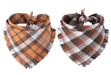 Two plaid dog bandanas with frayed edges. The necks are pre-rolled and they knot in the back.