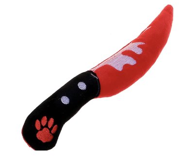 Plush bloody knife toy with a pawprint on the handle.