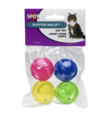 Four-pack of small, multicolored, perforated balls for cats in plastic and cardboard packaging.