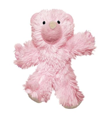 KONG teddy bear cat toy for kittens in baby pink. It's a soft-looking plush toy and on the smaller side.
