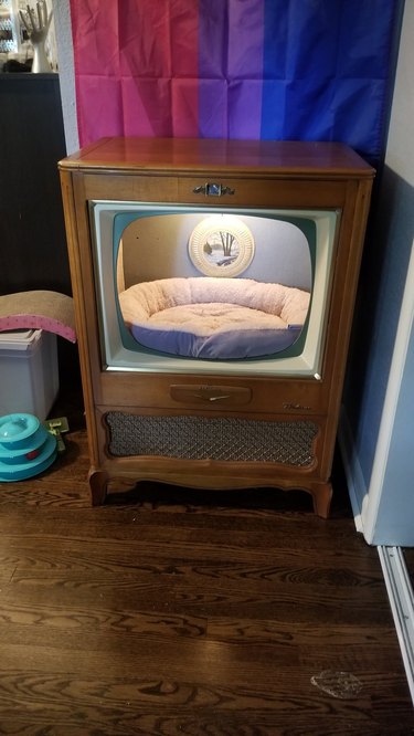 An old TV that has been turned into a comfy cat bed.