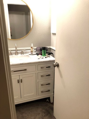 Dog hiding under vanity