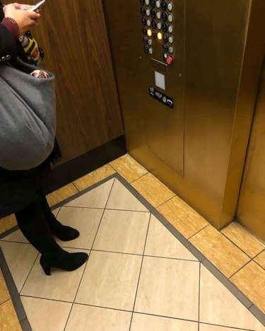 Dog peeking out of woman's purse on elevator