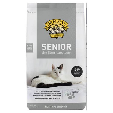 An 8-pound bag of Dr. Elsey's Precious Cat Unscented Non-Clumping Crystal Cat Litter against a white background. The packaging says it's for senior cats.