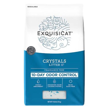 A 14-pound bag of ExquisiCat Crystals Multi-Cat Silica Cat Litter against a white background. The bag indicates that it's fragrance-free and 99.9% dust-free.