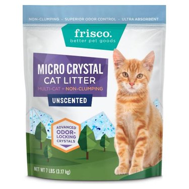 A 7-pound bag of Frisco Micro Crystal Unscented Non-Clumping Crystal Cat Litter against a white background. The packaging indicates that it's suitable for multi-cat households.