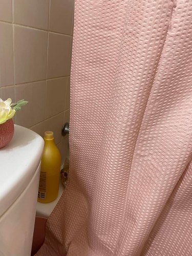 A cat is in a shower peering around a curtain.