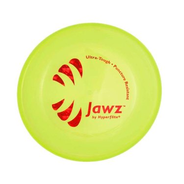 A yellow and red competition-grade Hyperflite Jawz Competition Dog Disc