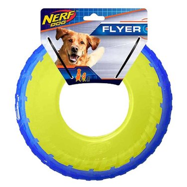 A neon yellow and blue 10. Nerf™ Dog Elite Tire Flyer Dog Toy