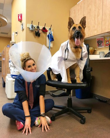 A veterinarian wears a cone of shame and a dog wears a doctor's coat and stethscope.