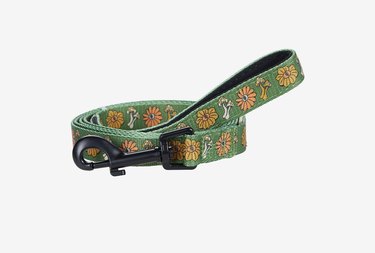 Green leash with mushroom and floral print. The flowers and mushrooms are shades of yellow, orange, and off-white.