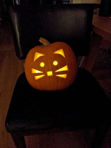 Simple cat face carved into pumpkin