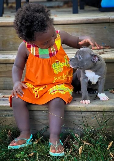 girl adopts puppy and they are sitting together on steps.