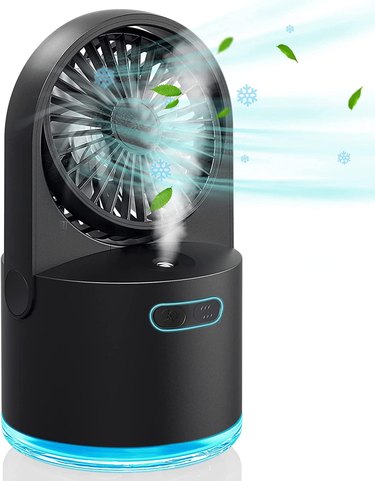 A personal-sized fan with a rotating head and a nightlight at the base that's currently blue. The fan is blowing and misting at the same time.