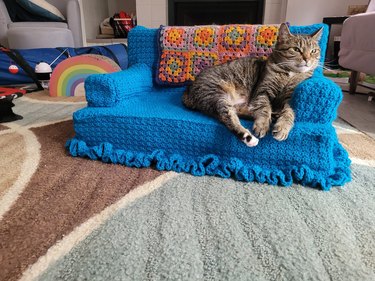 cat sits on crocheted kitty couch.