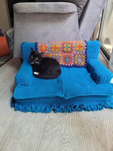 cat sits on crocheted kitty couch.